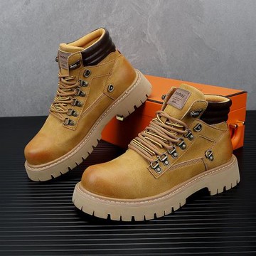 加絨保暖馬丁靴男2025冬季新款厚底高幫短靴復古英倫大黃工裝皮靴