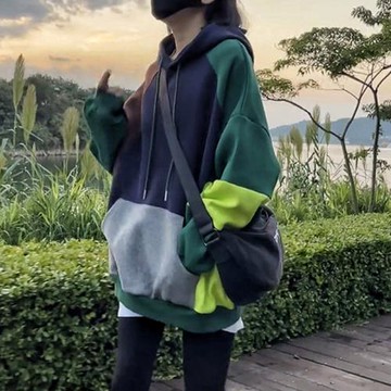 2025新款秋冬撞色連帽拼接加絨加厚中長款衛衣女寬松遮屁股慵懶風