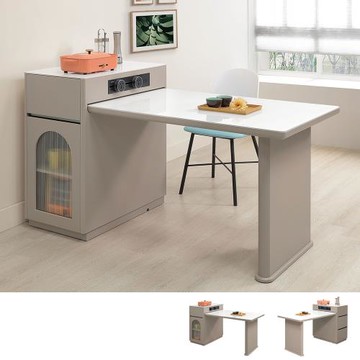 Boden-艾絲翠岩板伸縮中島型餐桌櫃/多功能收納餐桌置物櫃組合-附電器專用插座(寬130~170公分)