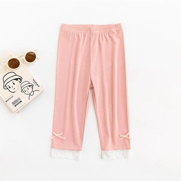 FANMOU - 涼感七分內搭褲-蝴蝶結蕾絲花邊-粉色