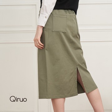 【Qiruo 奇若名品】秋冬專櫃精品小直筒七分裙-軍綠色(時尚上班族 百搭休閒必備款2071B)
