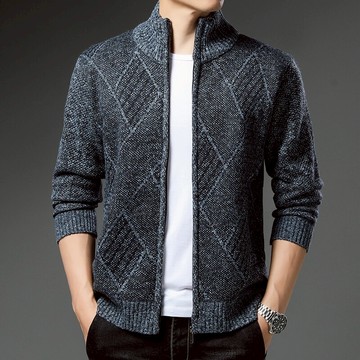 新款針織衫毛衣男士秋冬季保暖外套立領拉鏈條紋開衫夾克時尚潮男