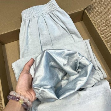 藍色奶芙山本褲女夏季2026新款寬鬆時尚肌理百搭慵懶感顯瘦闊腿褲