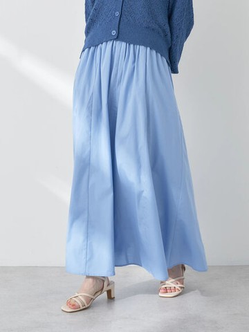 紺野彩夏著用款-素面/配色條紋鬆緊腰喇叭剪裁長裙(1N32L0L0100) - earth music&ecology