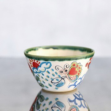 花朵與蝴蝶的飯碗（大）（綠色邊框）II