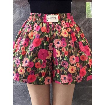 韓版女裝彩色花褲子女夏季2024新款歐貨碎花闊腿褲高腰花苞短褲潮