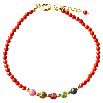 財神小舖 簡約經典碧璽南紅瑪瑙手鍊 鍍14K金 碧璽(直徑約3mm) 南紅瑪瑙(直徑約2mm)  13~15cm  紅色