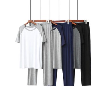 男士莫代爾睡衣春夏薄款短袖長褲圓領套頭休閑家居服套裝