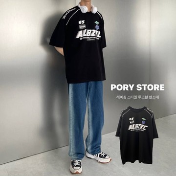 【PORY STORE】ALBZYC 賽車風 寬鬆 Y2K 短t 復古上衣 美式復古短袖 男女皆可 寬鬆 落肩 短袖