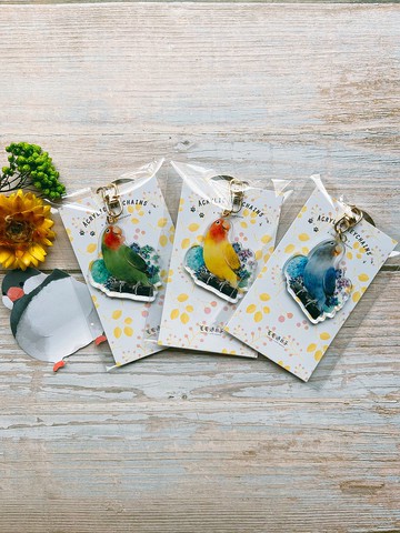 三色小鸚-鑰匙圈/手繪插畫/壓克力鑰匙圈