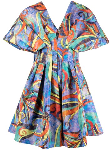 Rochas - pleated graphic-print minidress - women - Polyester - 40 - Blue