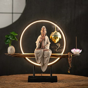 佛像 宗教擺件 家居擺件新中式禪意燈圈觀世音菩薩佛像擺件創意倒流香爐家居客廳玄關裝飾