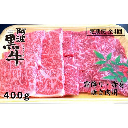 定期便4回 阿波黒牛 霜降り 赤身（焼き肉用）400g