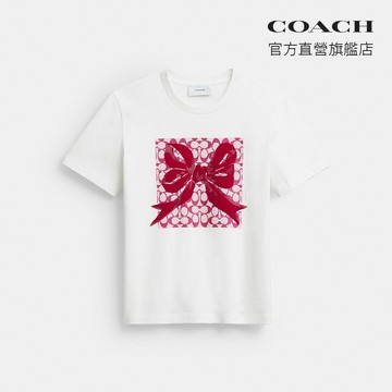 【COACH】經典標誌方形蝴蝶結棉質T恤-象牙白色/紫紅色(CEW01)｜官方直營