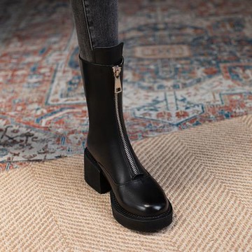 Tisdaini前拉鏈中筒瘦瘦馬丁靴女新款厚底真皮煙筒切爾西短靴