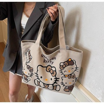 😊歡迎選購😊HelloKitty貓帆布包大容量手提袋2026新款卡通學生通勤單肩托特包