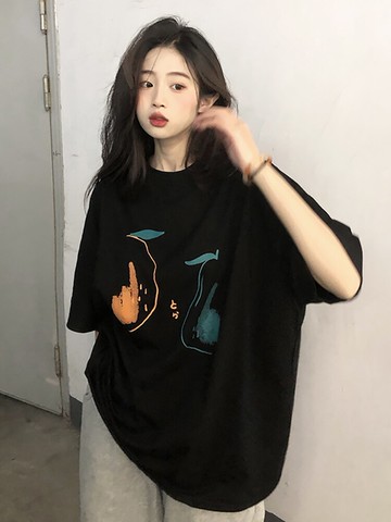 短袖純棉T恤女夏季2022新款復古慵懶BF風設計感黑色打底衫上衣潮