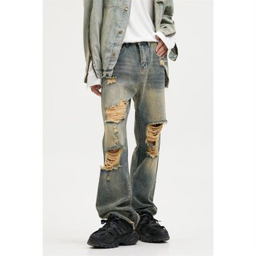 Voguo Relay 小眾設計韓版高街做舊洗水破洞寬松直筒中腰牛仔褲男