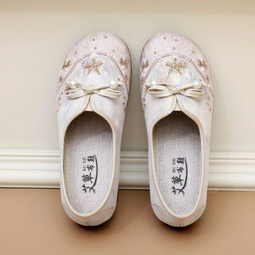 布鞋   一腳蹬軟底   透氣舒適新款老北京布鞋女單鞋民族風漢服鞋軟底蝴蝶結休閒鞋一腳蹬媽媽鞋
