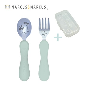 MARCUS＆MARCUS　兒童防滑易握學習叉匙組含盒-粉彩大象_廠商直送