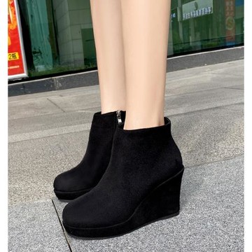 2025秋冬內增高坡跟加絨短靴拉鏈厚底防水臺女靴松糕防滑超高跟鞋