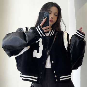 【甜酷風棒球服女】春秋季新款 韓版ins潮 寬鬆字母刺繡短款上衣 小外套 短版衣服女 上衣 小外套 短款 短款上衣 短版
