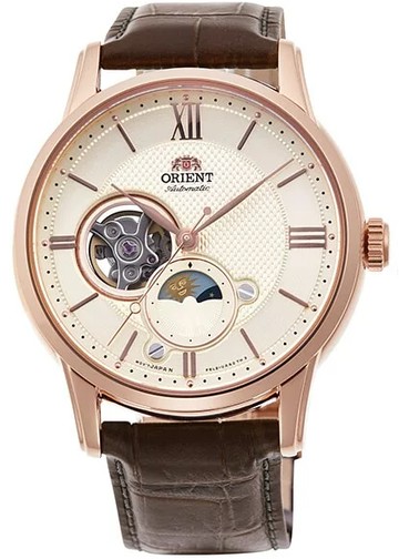 ORIENT 東方錶 Sun & Moon 系列 半露空日月相錶(RA-AS0009S)-42mm-玫瑰金面皮革【刷卡回饋 分期0利率】【APP下單點數13倍送】