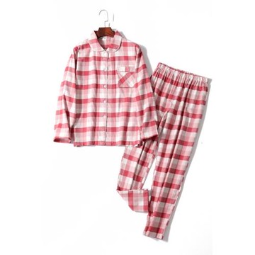 純棉男士秋冬磨毛加厚睡衣女士簡約無印格紋情侶休閑絨布家居服套