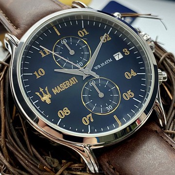 點數9%★MASERATI手錶,編號R8871618001,42mm銀圓形精鋼錶殼,寶藍色雙眼錶面,咖啡色真皮皮革錶帶款,行家最愛!, 別樹一格!【APP下單享9%點數上限5000點】
