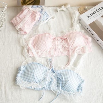 可愛清新內衣少女學生日系文胸套裝軟妹無鋼圈格子三角杯cos胸罩