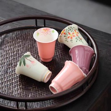 手繪花口主人杯功夫茶杯陶瓷仿古功夫茶杯個人單杯茶盞花圖案杯子