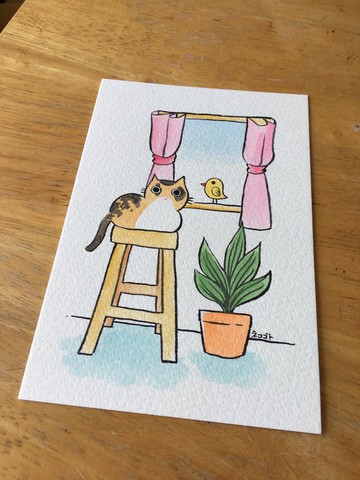 手繪明信片-窗邊的阿喵