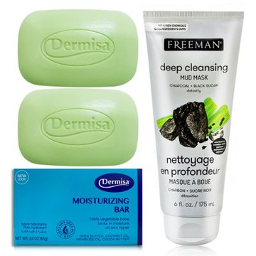 Dermisa 升級版美國超級保濕淡斑皂2入+Freeman 木炭黑糖狠清粉刺黑泥膜★潔顏 淡斑 美白 保濕