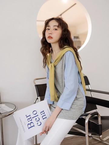 純棉直條紋拼接七分袖長版上衣