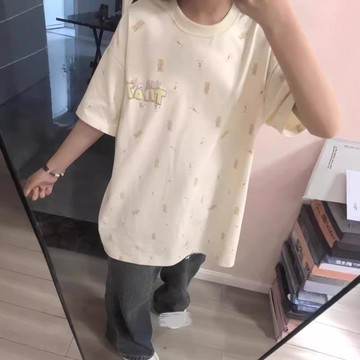 快速出貨 台灣現貨滿印甜美學生少女學院潮寬松印花上衣恤可愛夏季小熊碎花短袖