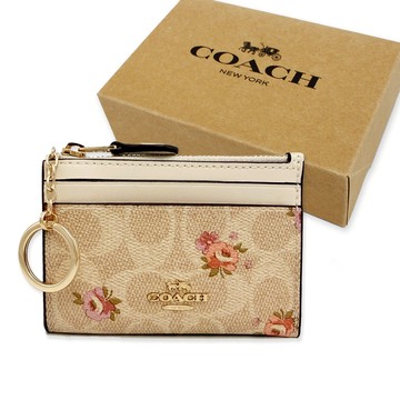 【COACH】C LOGO悠遊卡夾鑰匙零錢包附禮盒(米白/玫瑰)