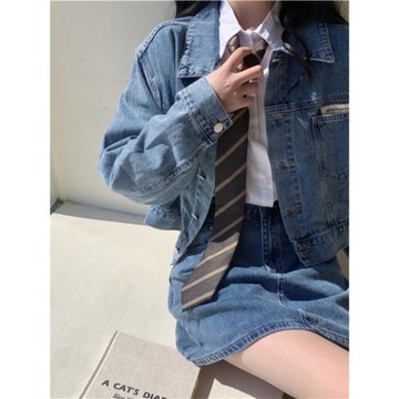 小矮個子牛仔外套港風新款春秋女套裝半身裙超短裙兩件顯高穿搭xs