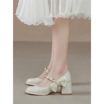 伴娘鞋日常可穿復古瑪麗珍鞋仙女風淑女溫柔粗跟百搭淺口高跟單鞋