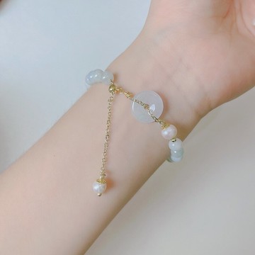 ins手工編織仿翡翠玉石手串氣質簡約彈力繩天然珍珠圓環手鏈女