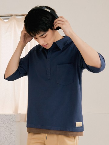 假兩件撞色純棉寬版五分袖落肩POLO衫