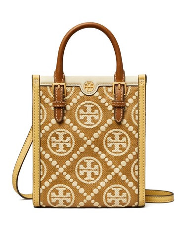 Tory Burch - monogram-pattern raffia tote bag - women - Microfibre/Brass/Leather/Raffia - One Size - Blue