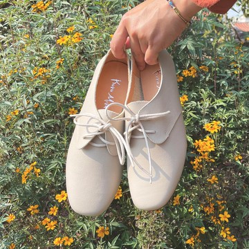 Kuru Mira非常日系真皮綁帶牛津鞋-奶霜米杏