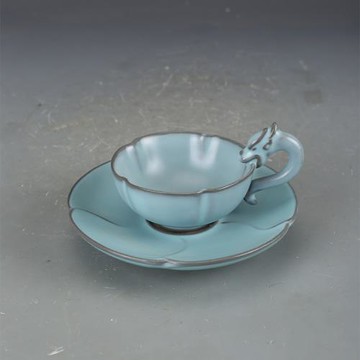 仿古瓷器宋汝窯天藍釉茶杯茶碟110ml