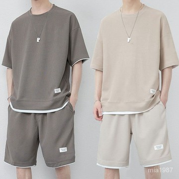 【精品男裝】華夫格夏季套裝男休閒運動寬鬆短袖T恤男裝一套搭配帥氣潮流衣服 4LFX