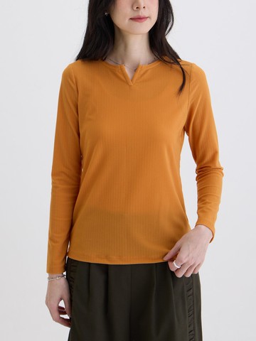 波卡切角V口長袖上衣-日橙