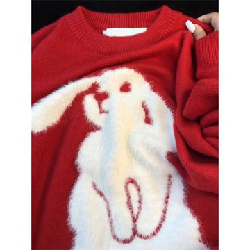 紅色兔子針織打底衫女春秋款外穿高級寬松顯瘦毛衣外套設計感小眾