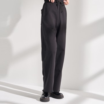 【ERSS】女裝 運動褲 休閒褲 黑色運動褲 寬褲 休閒寬褲 運動寬褲 下擺抽鬚 抽繩 黑色【S60117】