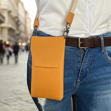 COZI-義大利植鞣皮革 直式6.7~6.9吋手機/7.82-8.02吋摺疊手機 斜肩包 手腕包 腰掛包- 附皮革飾邊掛繩組 黑色