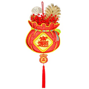 摩達客 春節開運招財刺繡福袋掛飾 招財進寶 紅果金葉 新年裝飾  1入  紅色  29 x 74cm