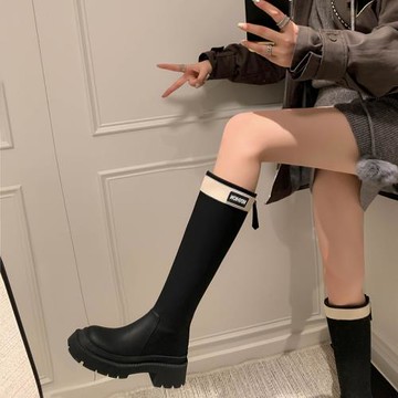 ins強推！拼色字母款休閑長靴厚底高筒騎士靴英倫風黑色長筒靴女